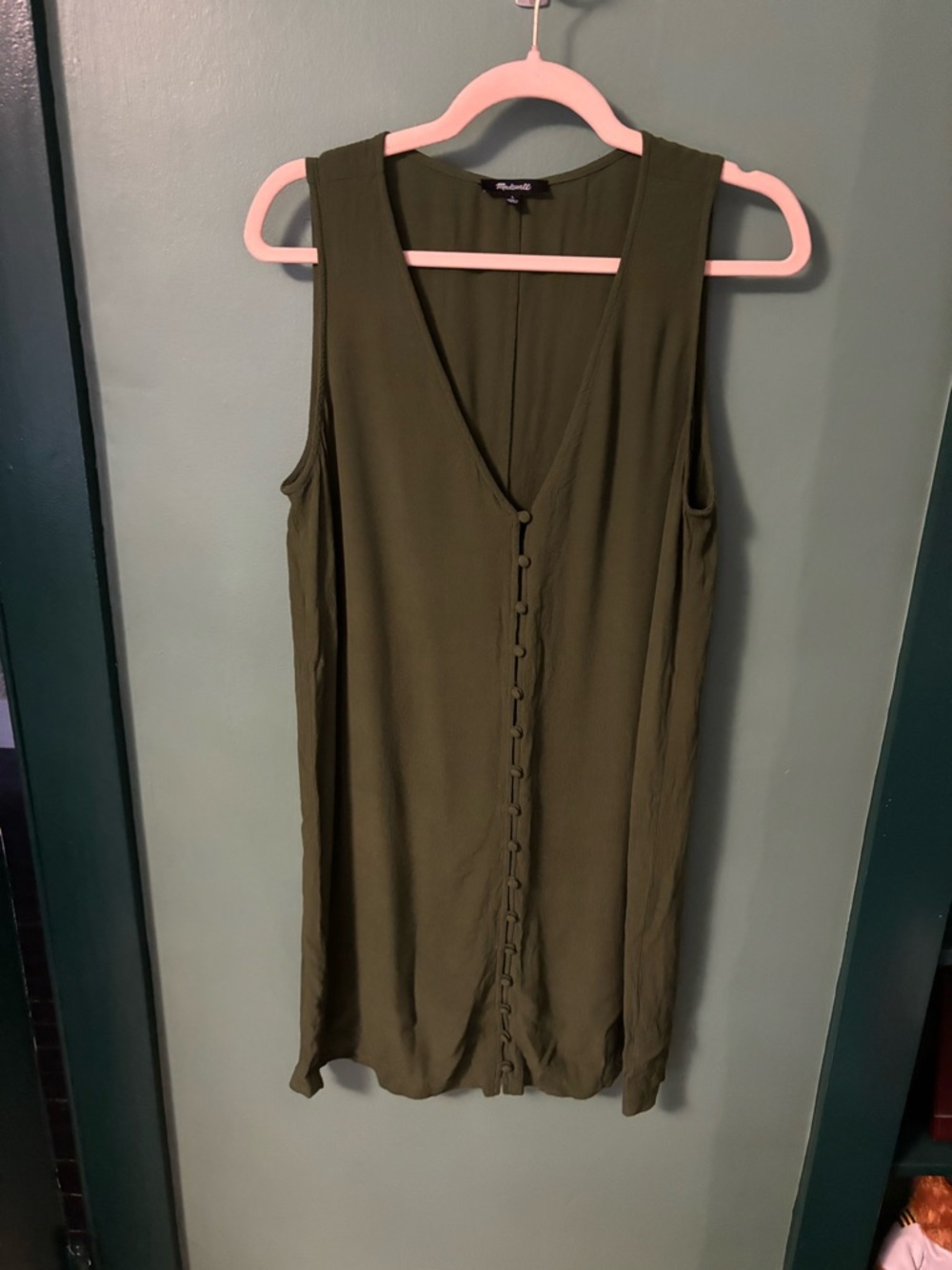 Madewell Olive Sleeveless V-Neck Button-Front Mini Dress
